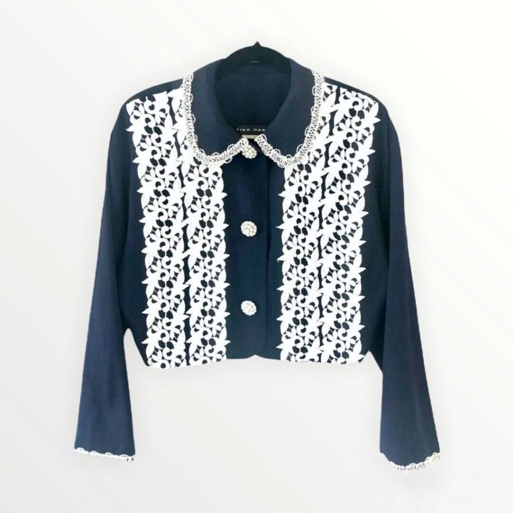 VTG Tina Hagen Classy Embroidered Jacket Large Pearly Buttons